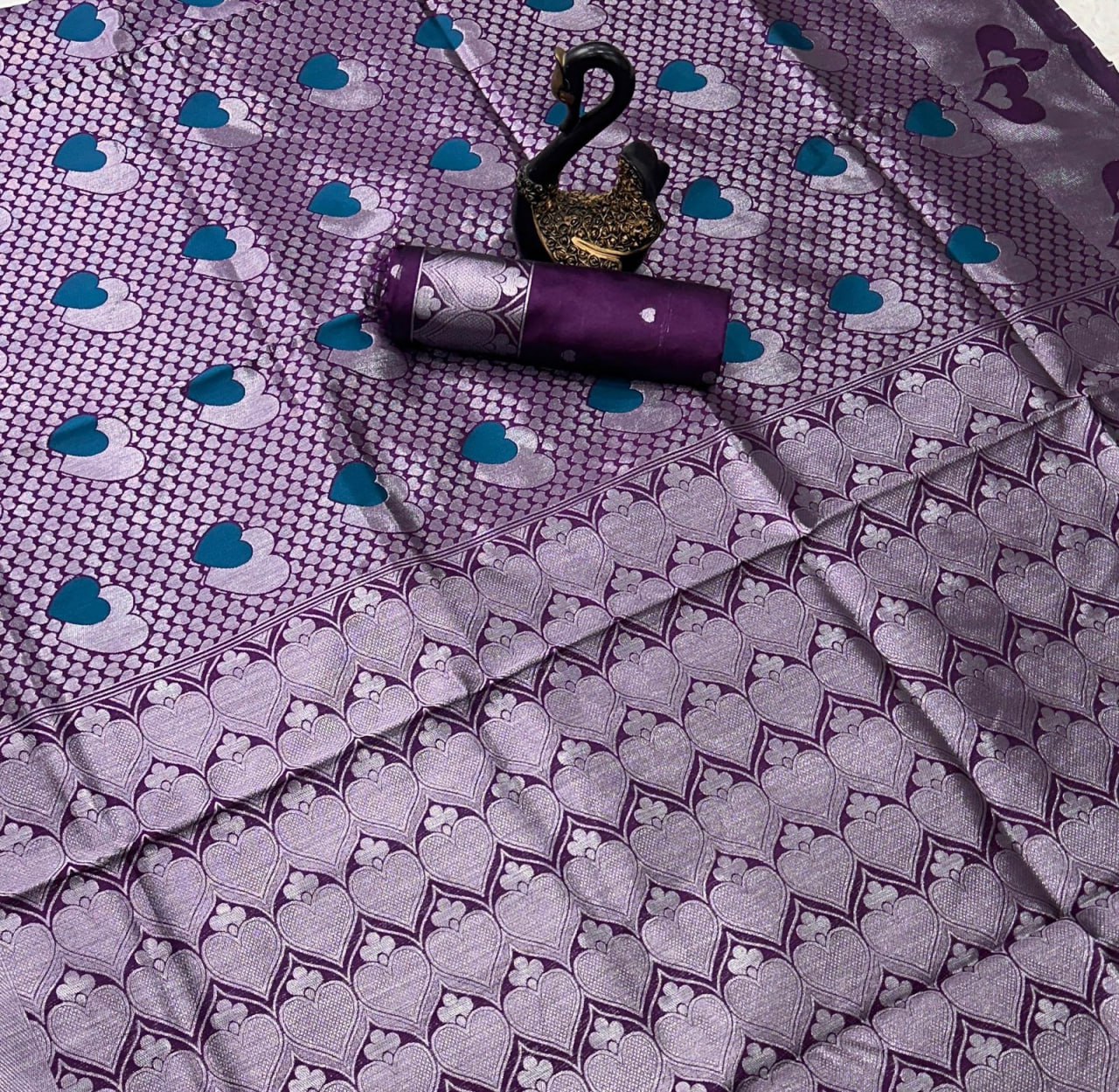 Modern Heart-Motif Purple Silk Saree with Silver Zari Border
