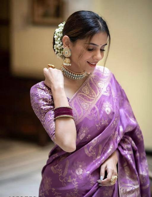 icultural Violet Banarasi Silk Saree WIth Fabulouse Blouse Piece