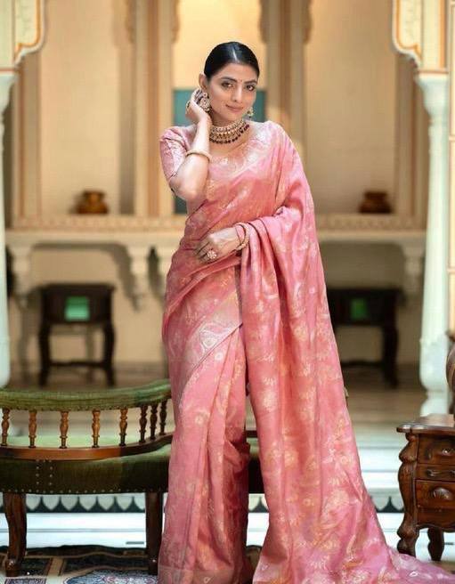 icultural Peach Banarasi Silk Saree WIth Fabulouse Blouse Piece