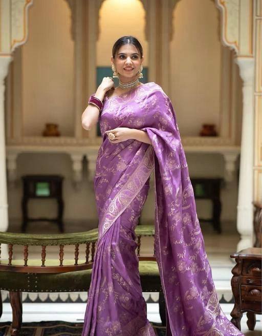 icultural Violet Banarasi Silk Saree WIth Fabulouse Blouse Piece
