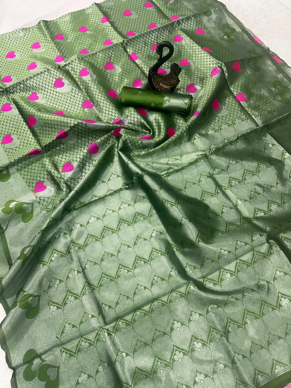 Modern icultural Silk Saree with Silver Zari Heart Motifs & Cyan Accents