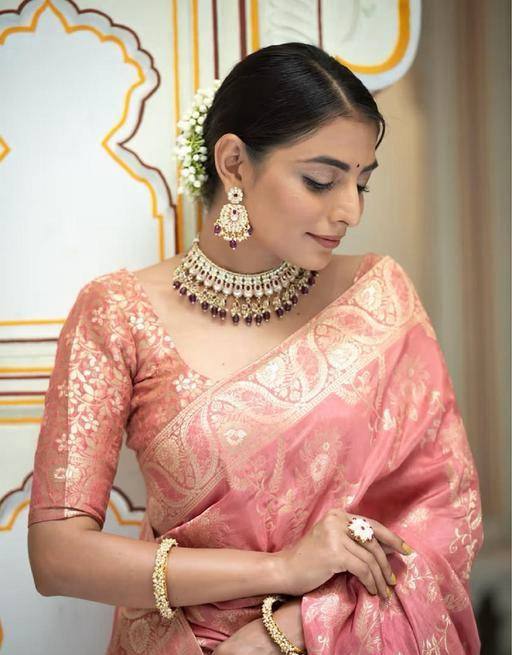 icultural Peach Banarasi Silk Saree WIth Fabulouse Blouse Piece