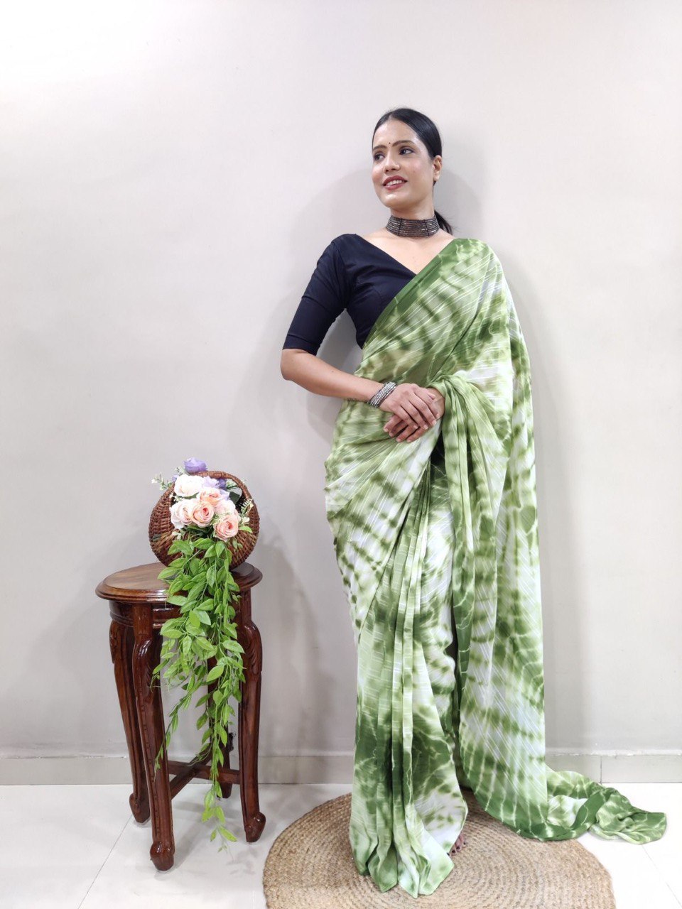 Multi Light Color Ready To Wear by Icultuer with Black Satin Blouse