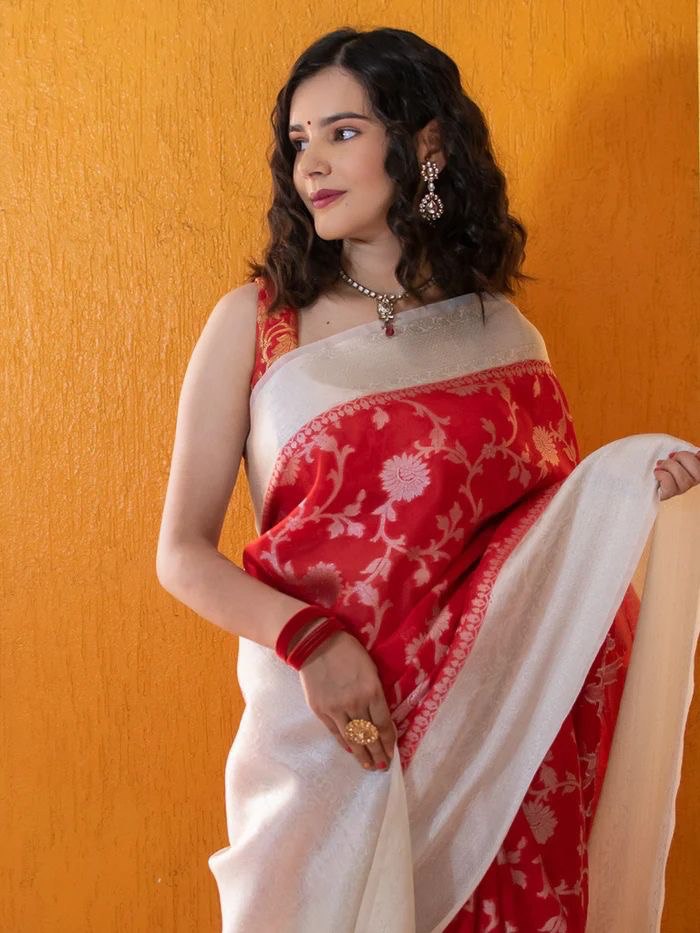White & Red Banarasi by Icultuer With Jacquard Work Border