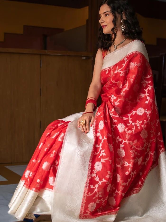 White & Red Banarasi by Icultuer With Jacquard Work Border