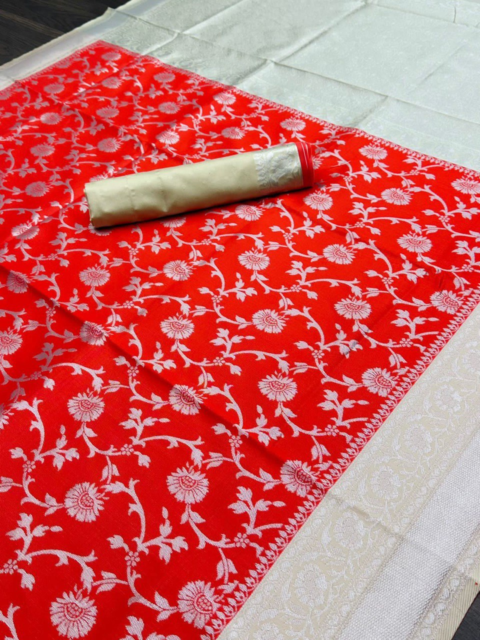 White & Red Banarasi by Icultuer With Jacquard Work Border