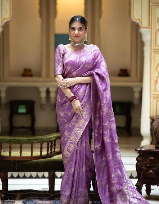 icultural Violet Banarasi Silk Saree WIth Fabulouse Blouse Piece