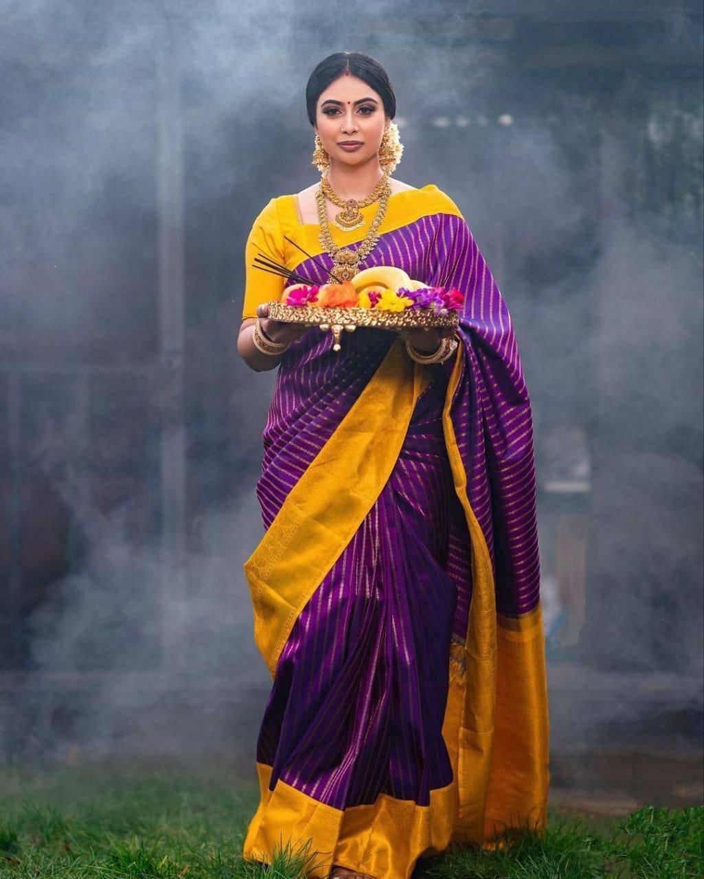 Jacquard  Gold Zari Soft Silk Purpule by Icultuer