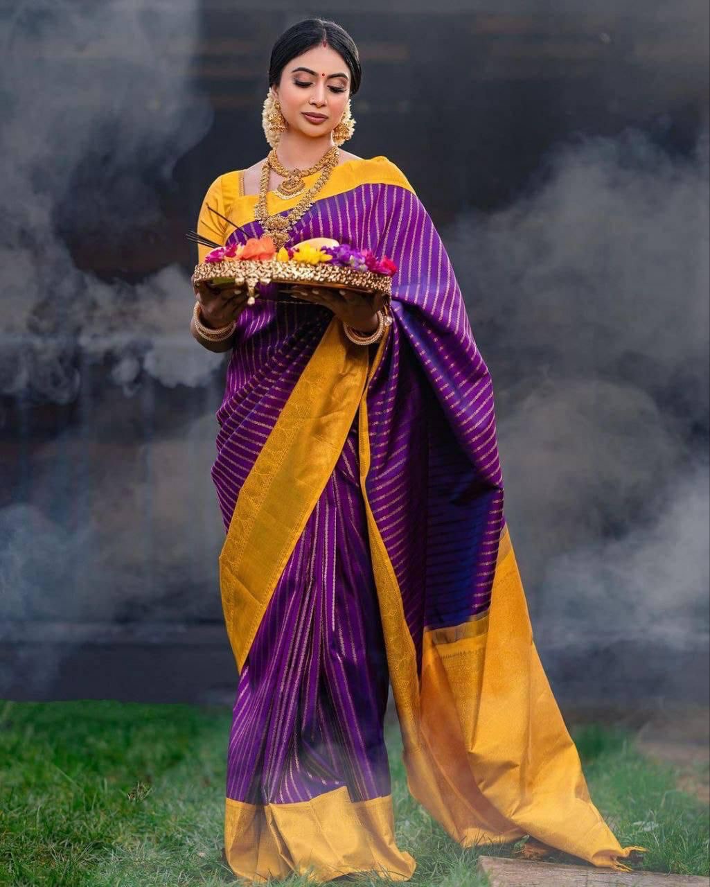 Jacquard  Gold Zari Soft Silk Purpule by Icultuer