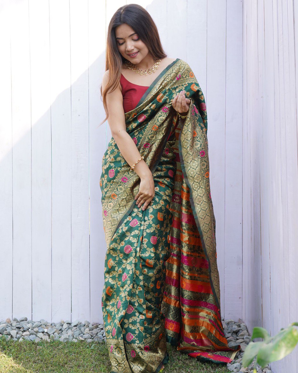 Green jacquard Gold Zari Waving Soft Silk by Icultuer