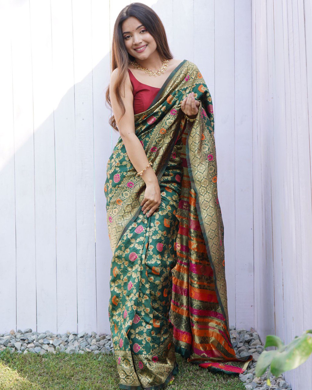 Green jacquard Gold Zari Waving Soft Silk by Icultuer