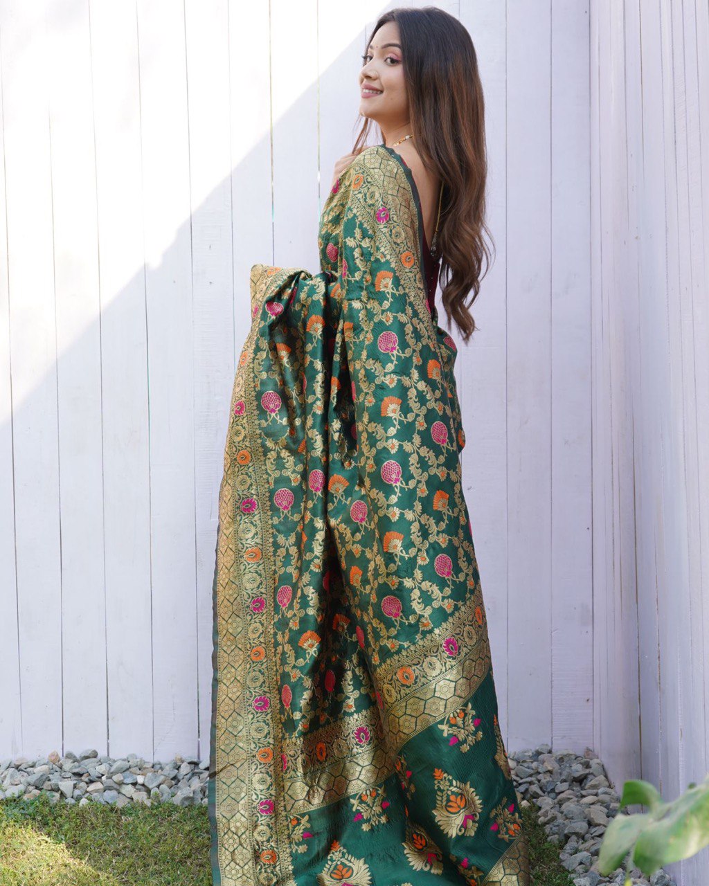 Green jacquard Gold Zari Waving Soft Silk by Icultuer