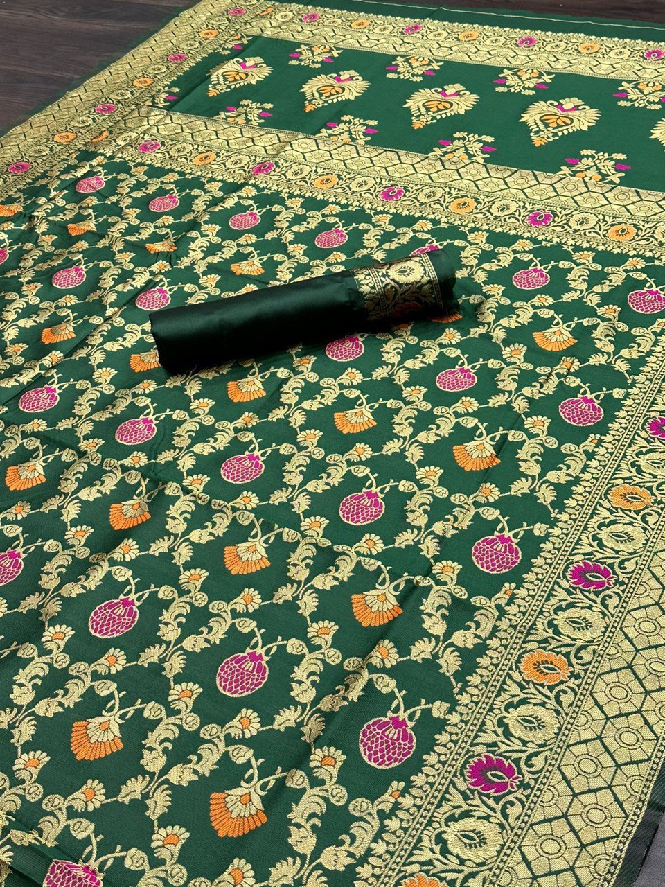 Green jacquard Gold Zari Waving Soft Silk by Icultuer