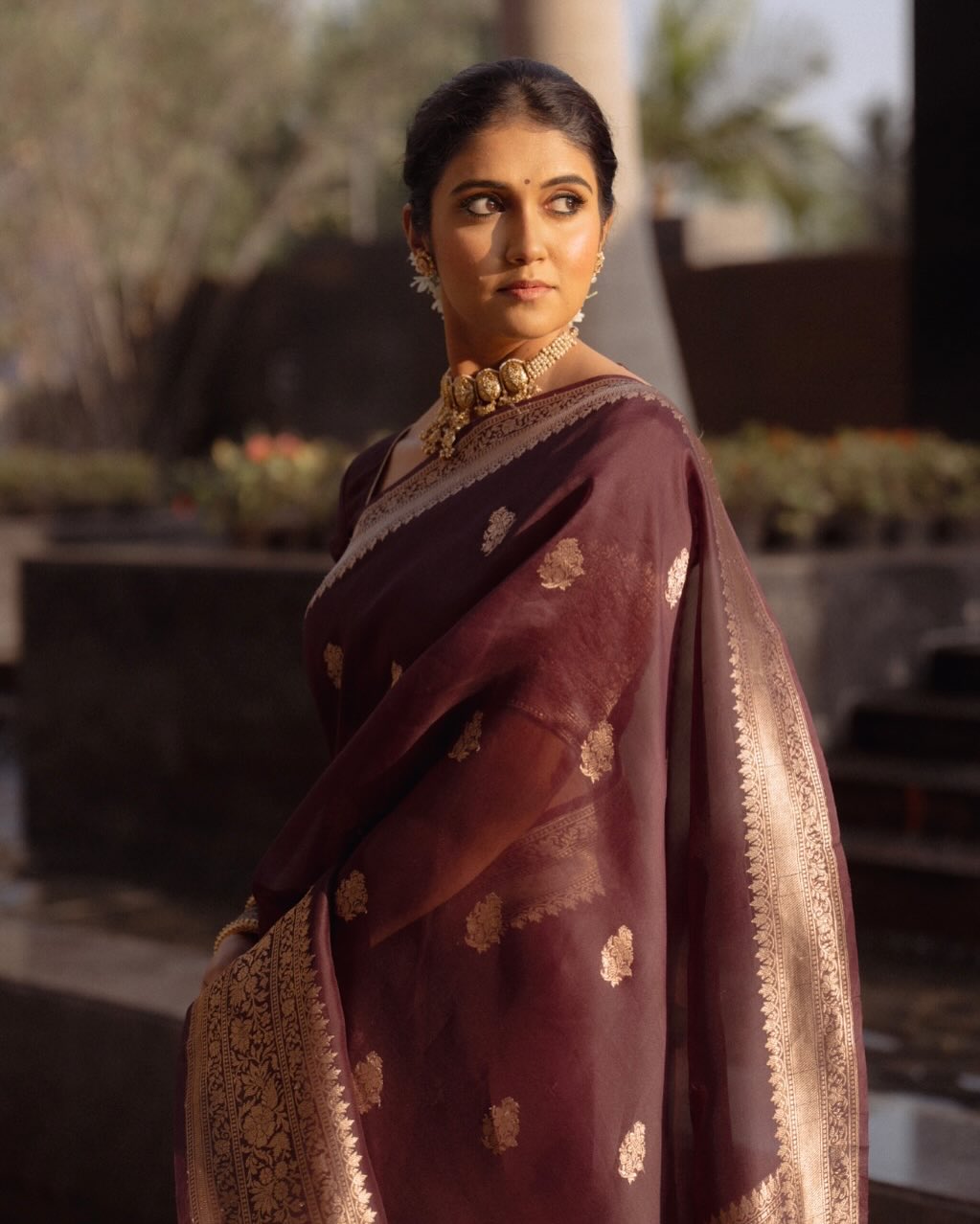 Picultural Organza Silk Saree with Floral Zari Motifs and Brocade Border