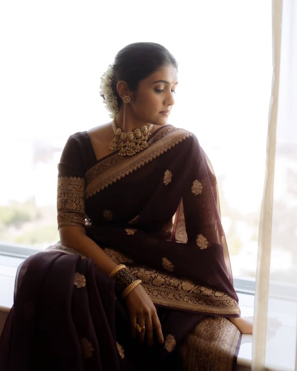 Picultural Organza Silk Saree with Floral Zari Motifs and Brocade Border