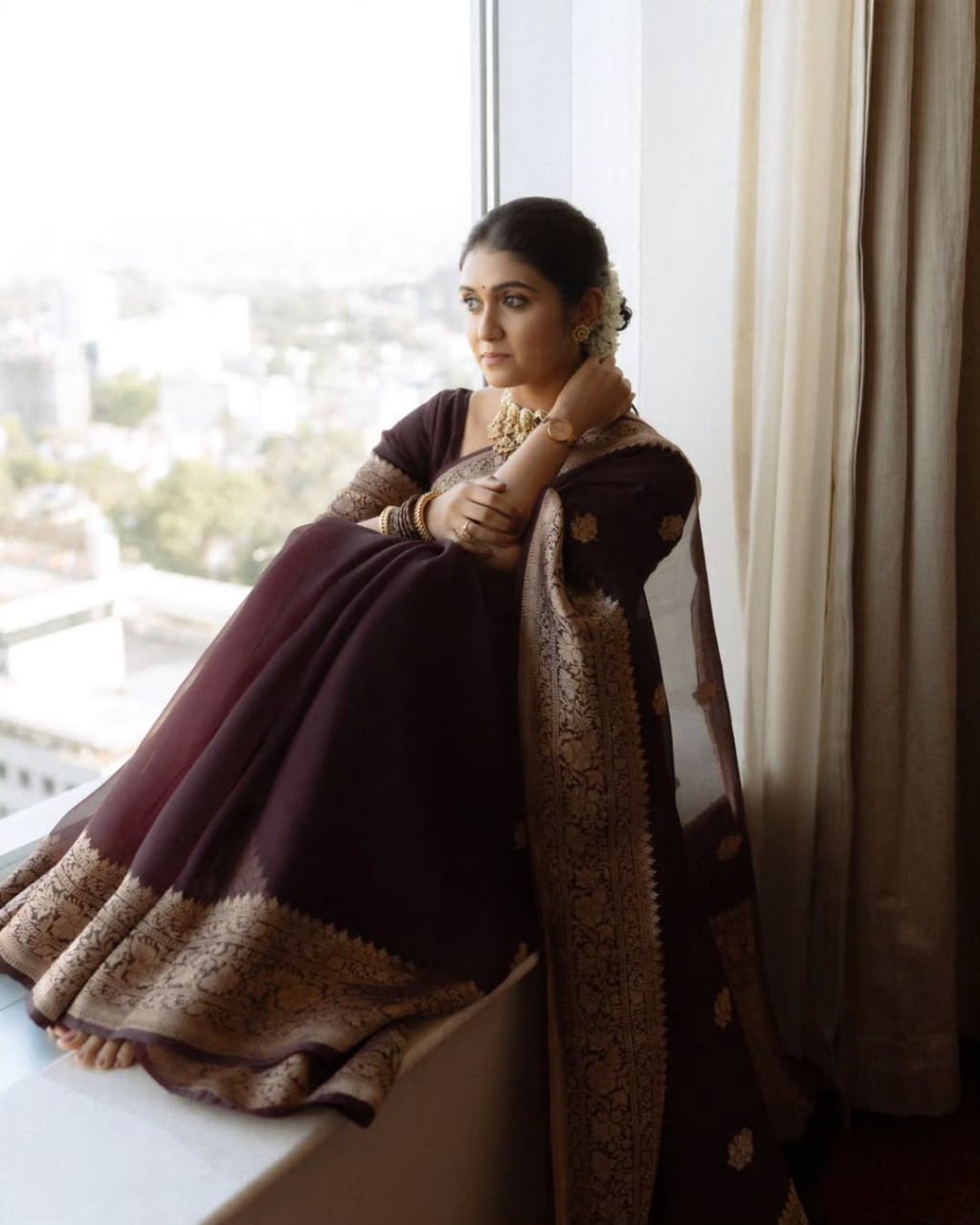 Picultural Organza Silk Saree with Floral Zari Motifs and Brocade Border