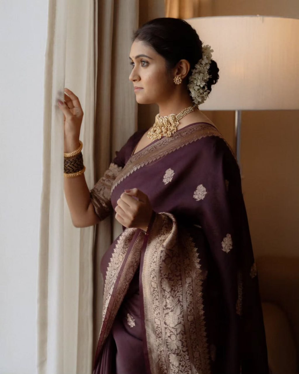 Picultural Organza Silk Saree with Floral Zari Motifs and Brocade Border