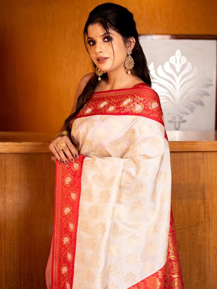Red & White Soft Lichi Silk by Icultuer For Puja