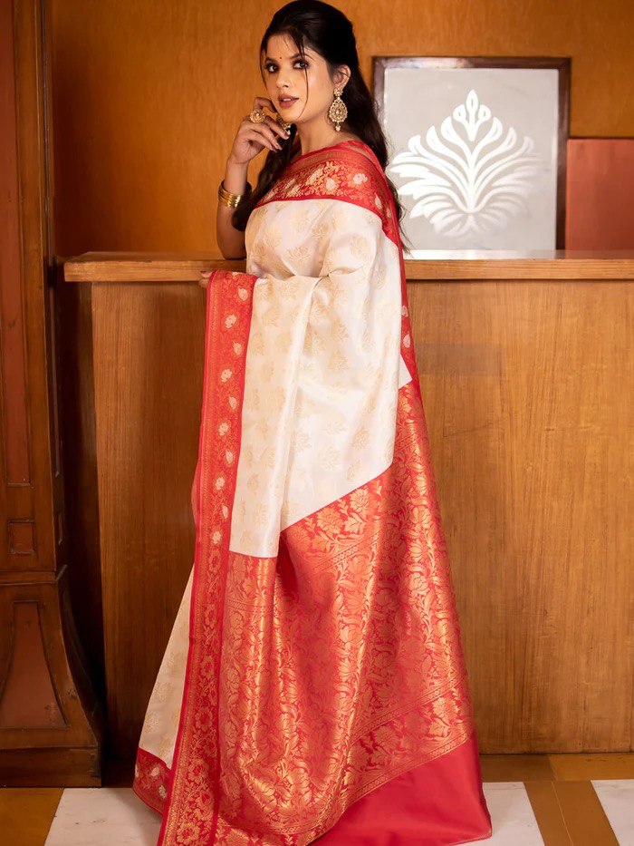 Red & White Soft Lichi Silk by Icultuer For Puja