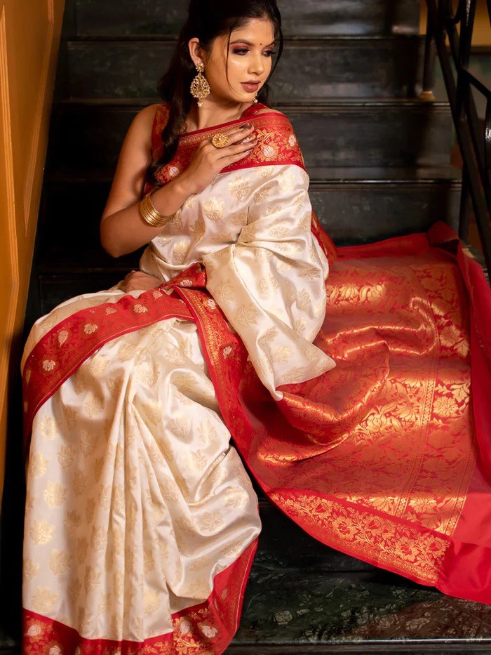 Red & White Soft Lichi Silk by Icultuer For Puja