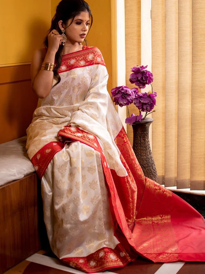 Red & White Soft Lichi Silk by Icultuer For Puja