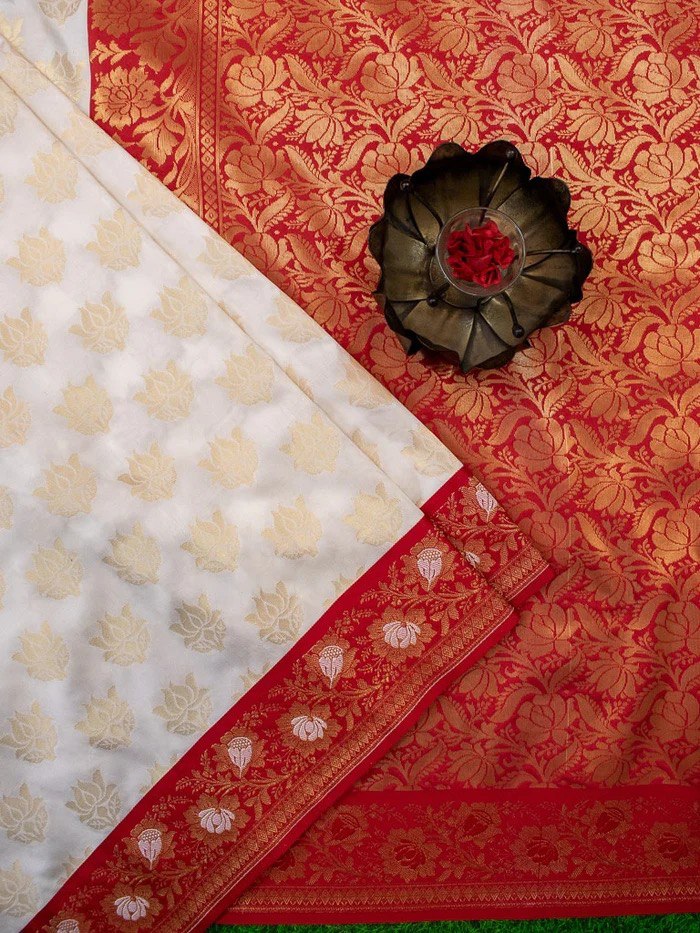 Red & White Soft Lichi Silk by Icultuer For Puja