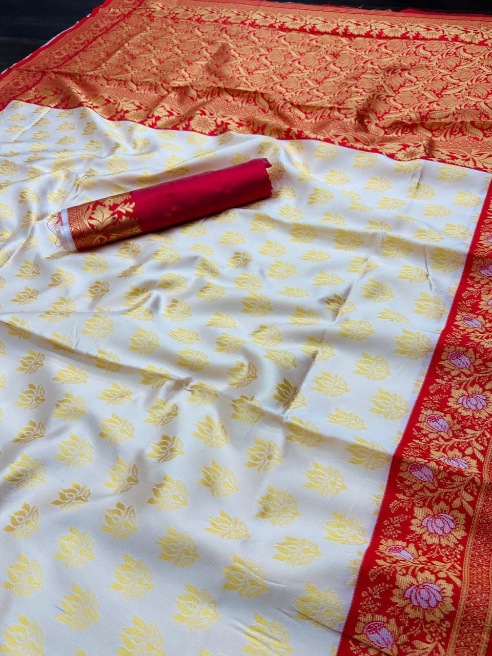Red & White Soft Lichi Silk by Icultuer For Puja
