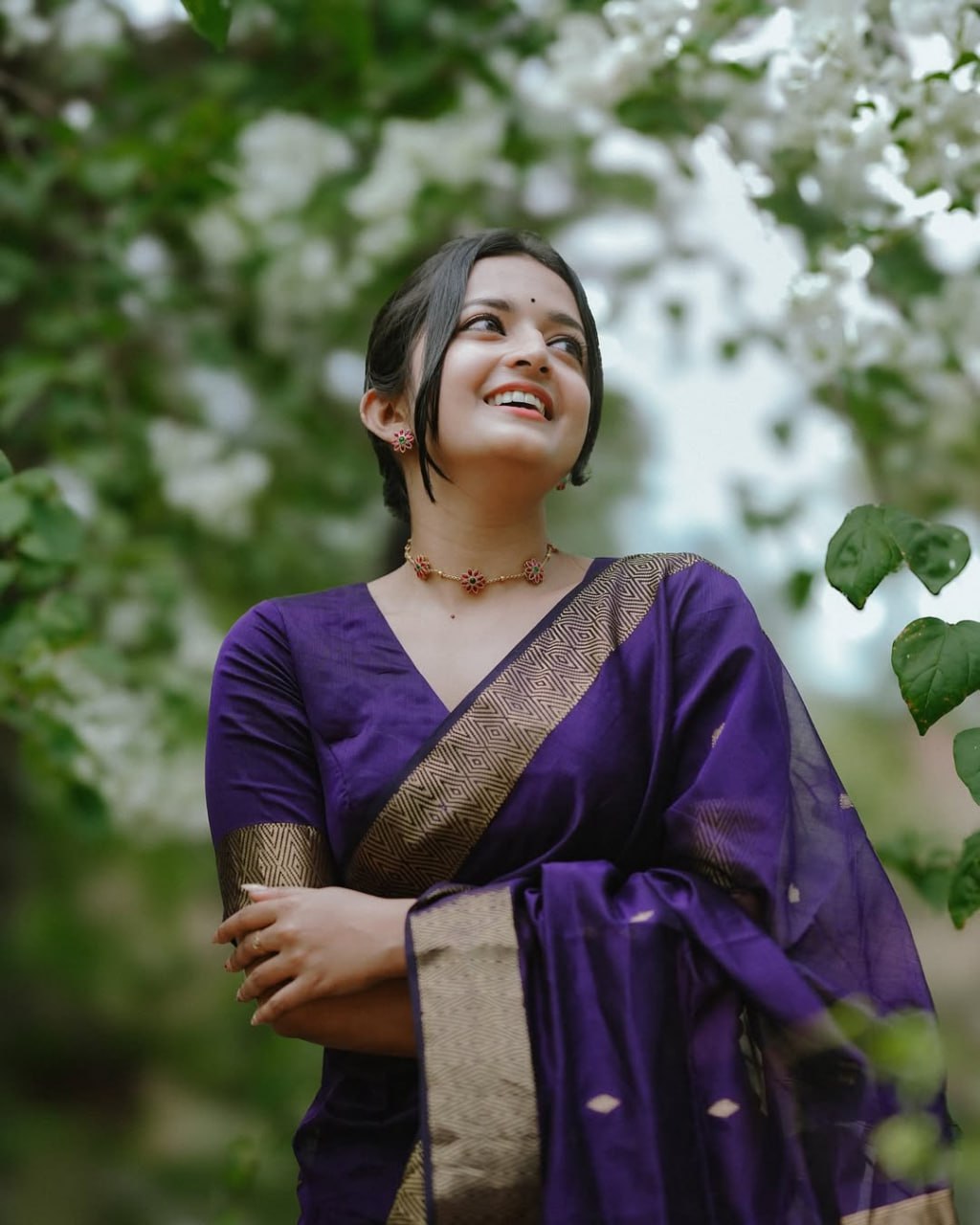 icultural - Purple Banarasi Silk Saree with Golden Butti Weave and Zari Border