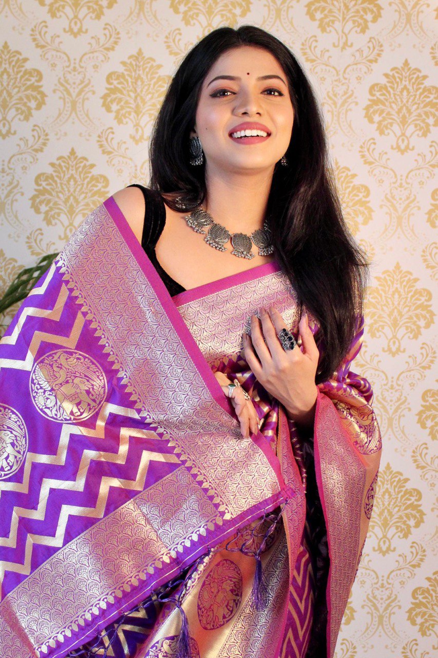 Purple Pure Zari Copper Weaving Soft Silk by Icultuer