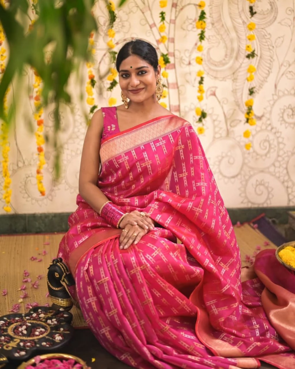 Pink Silk Saree with Geometric Gold Zari Weave