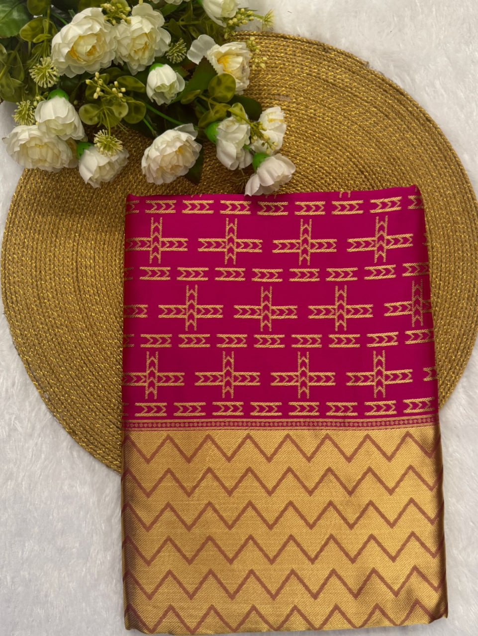 Pink Silk Saree with Geometric Gold Zari Weave