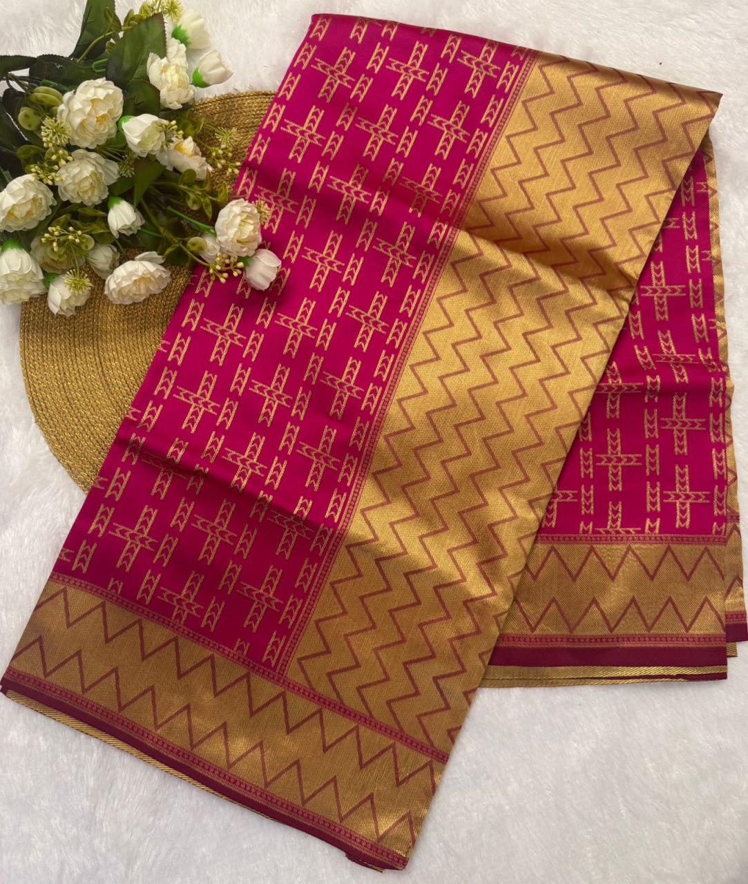 Pink Silk Saree with Geometric Gold Zari Weave