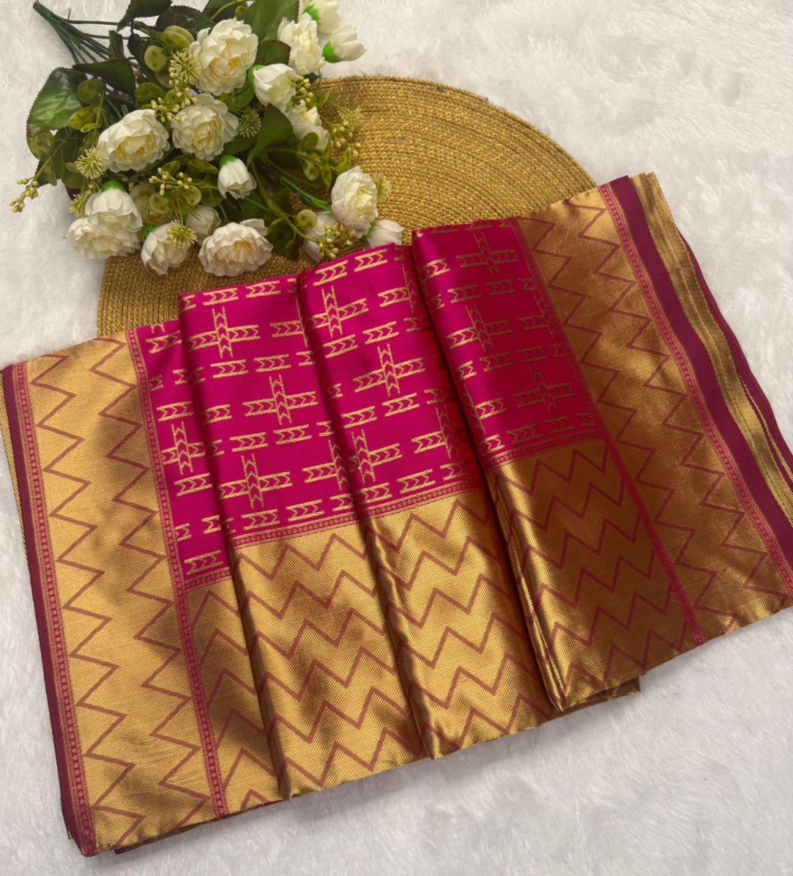 Pink Silk Saree with Geometric Gold Zari Weave