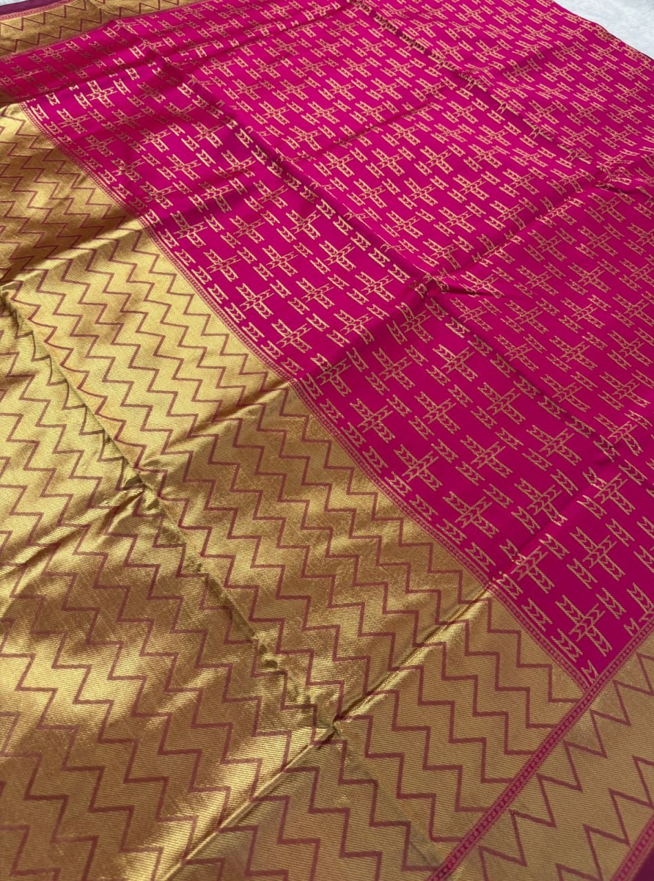 Pink Silk Saree with Geometric Gold Zari Weave