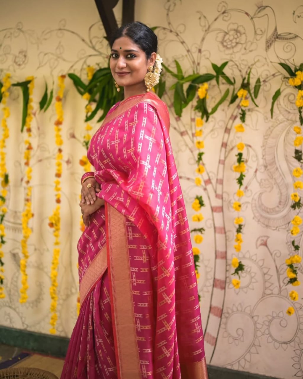 Pink Silk Saree with Geometric Gold Zari Weave