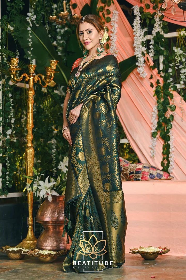 Dark Green Soft Silk Kadwa Technique by Icultuer