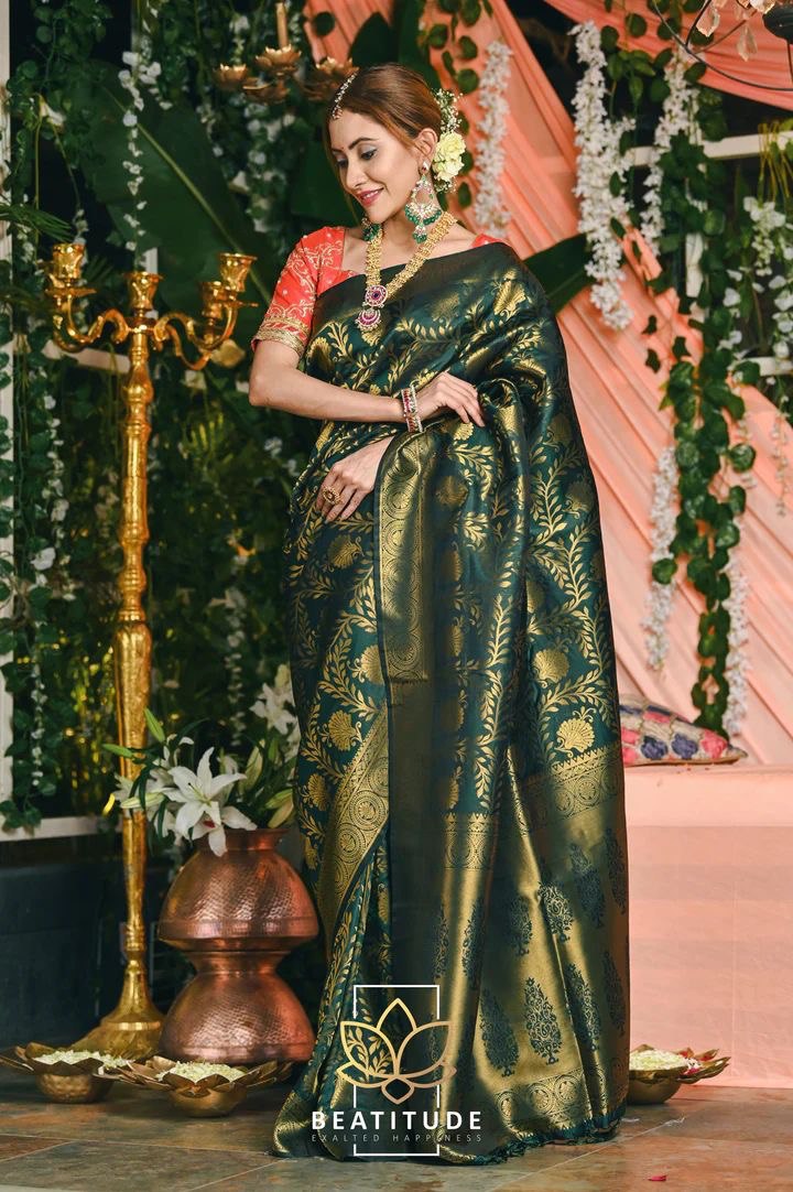 Dark Green Soft Silk Kadwa Technique by Icultuer