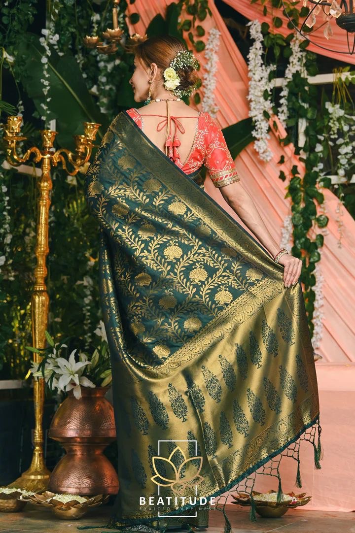 Dark Green Soft Silk Kadwa Technique by Icultuer