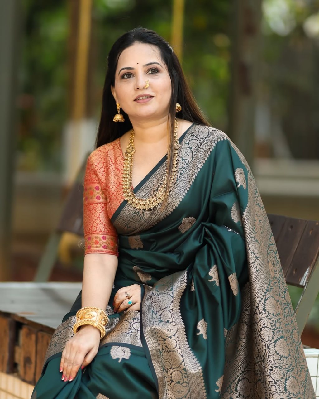 Green Banarasi Silk Saree with Silver Zari Motifs