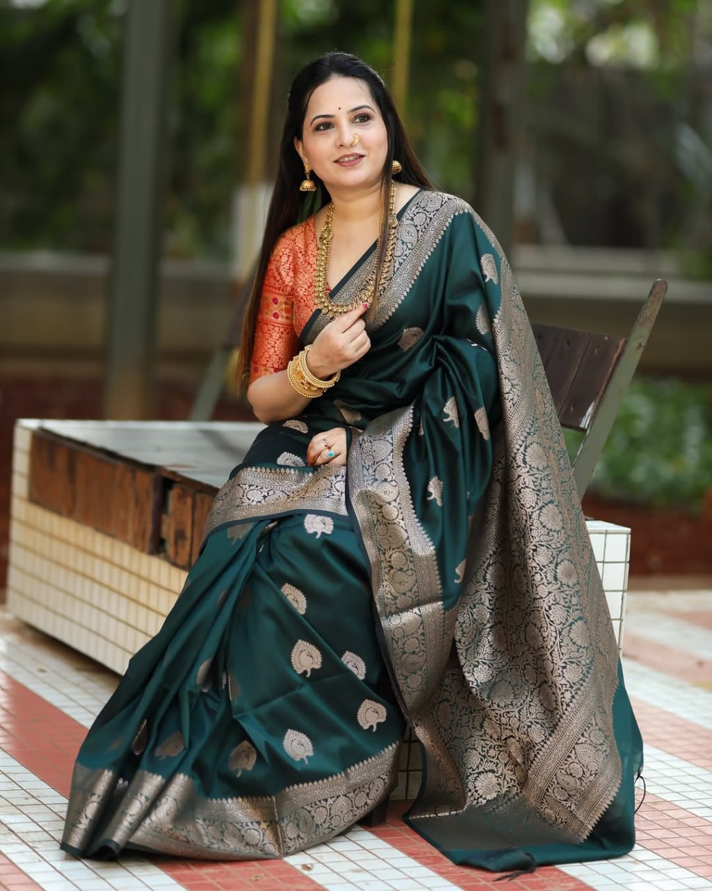 Green Banarasi Silk Saree with Silver Zari Motifs
