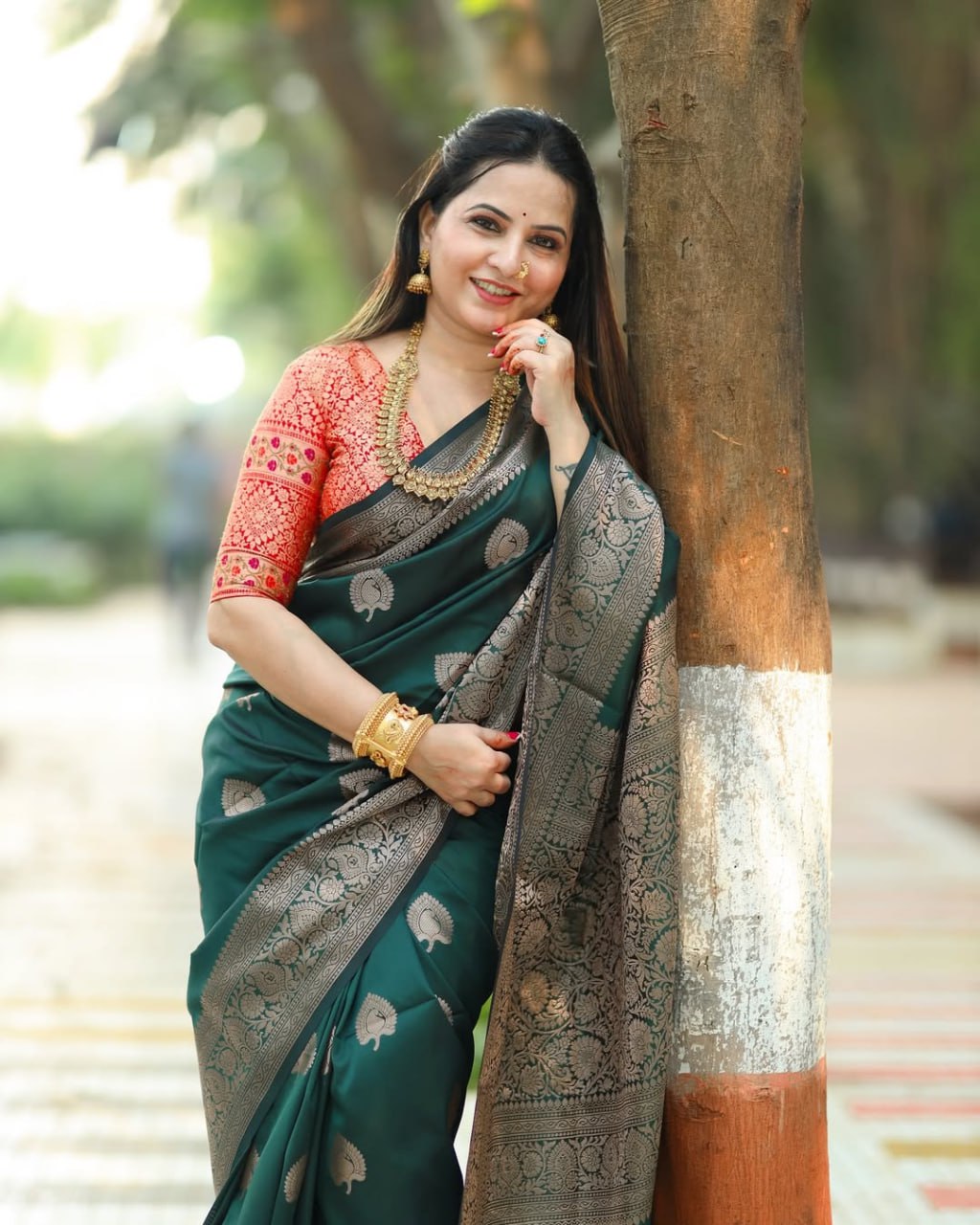 Green Banarasi Silk Saree with Silver Zari Motifs