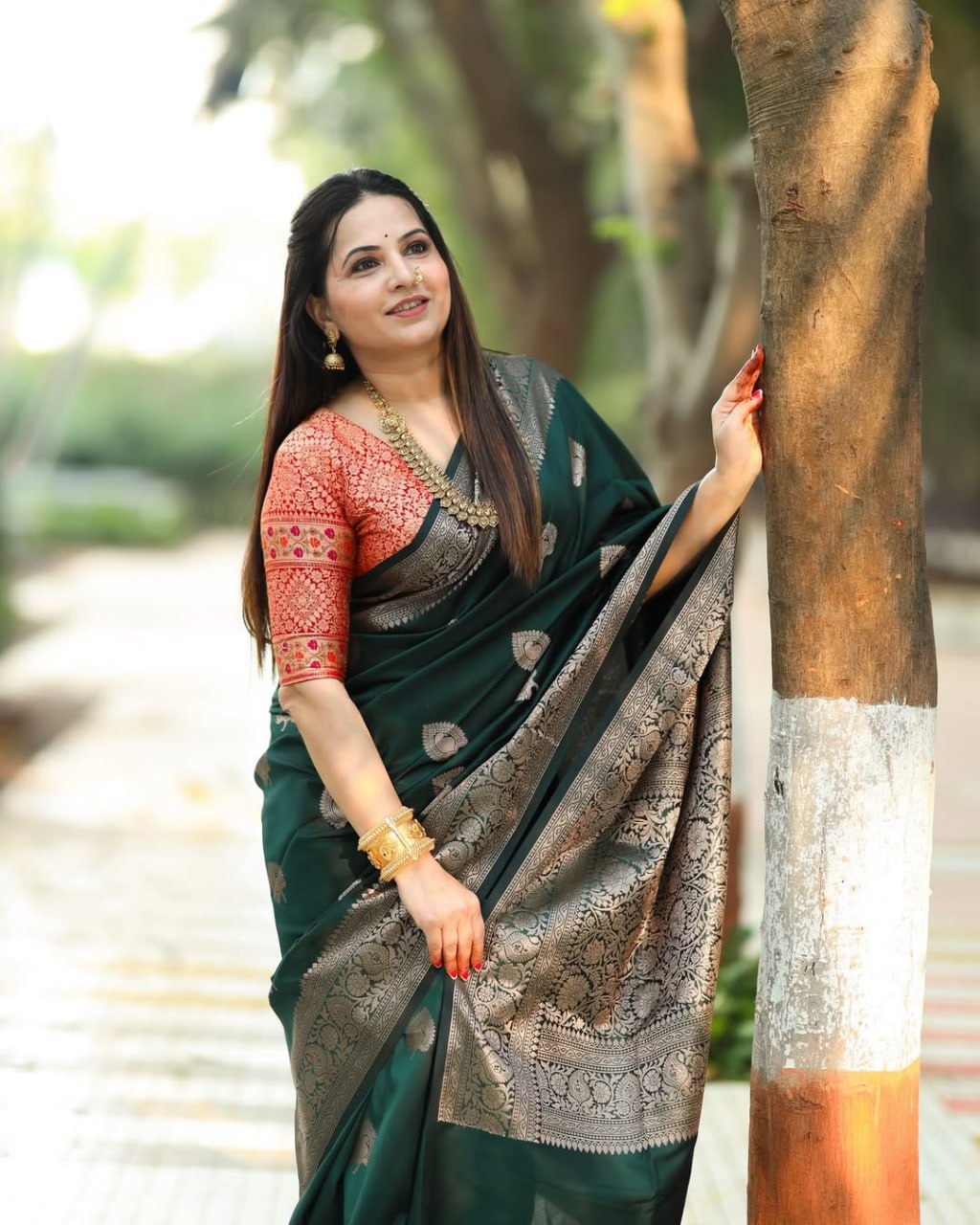 Green Banarasi Silk Saree with Silver Zari Motifs