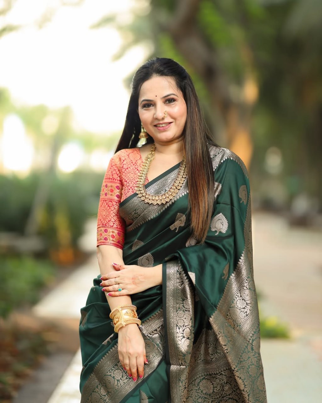 Green Banarasi Silk Saree with Silver Zari Motifs
