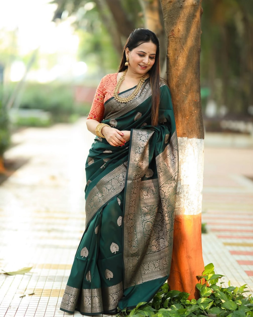 Green Banarasi Silk Saree with Silver Zari Motifs