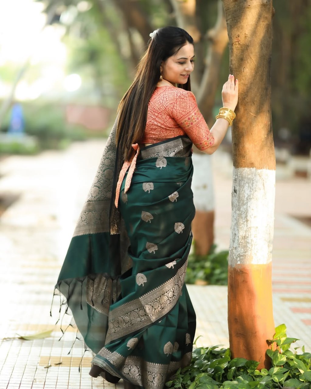 Green Banarasi Silk Saree with Silver Zari Motifs