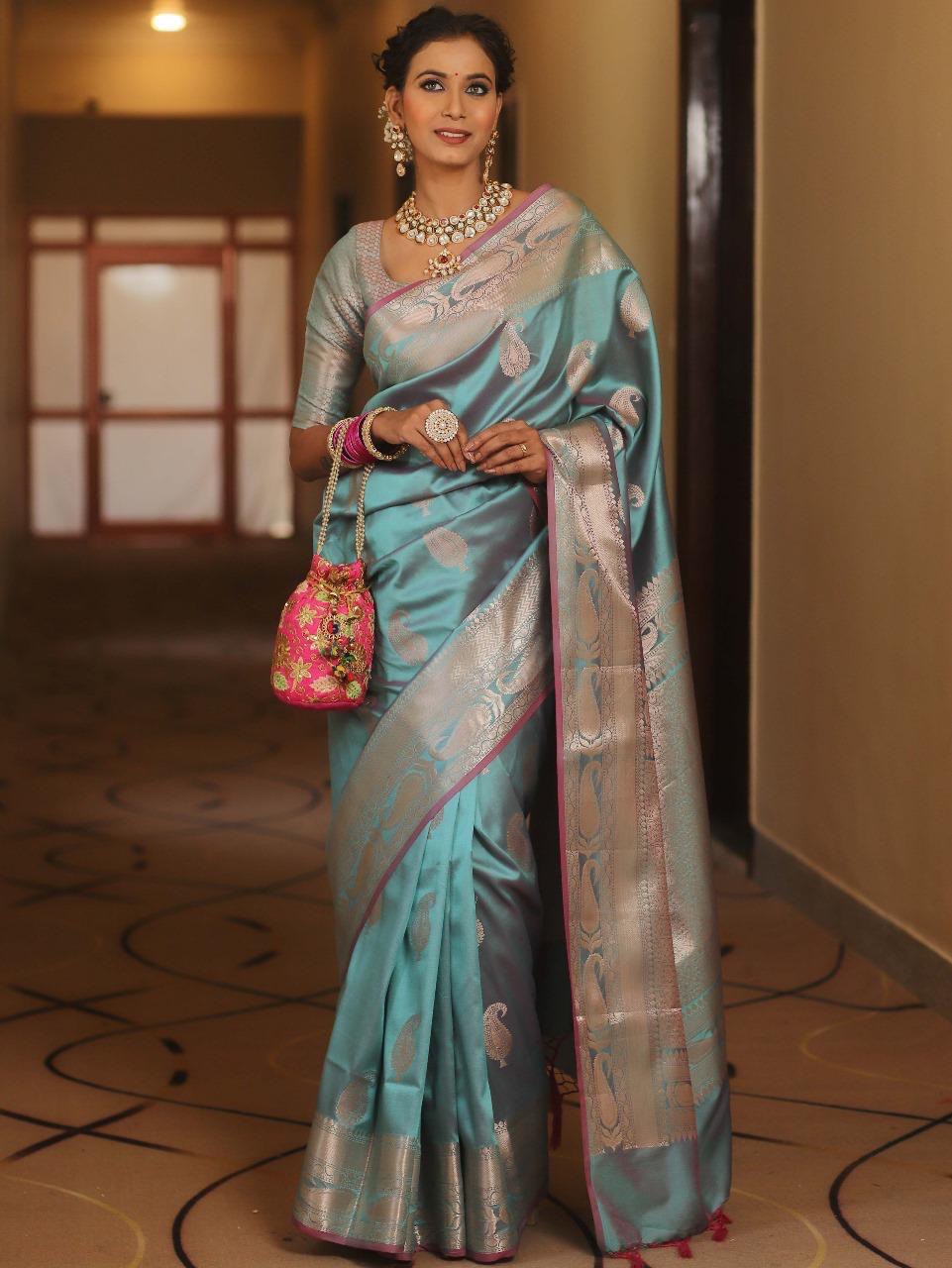Kanjivaram Silk Saree with Gold Paisley Zari Border