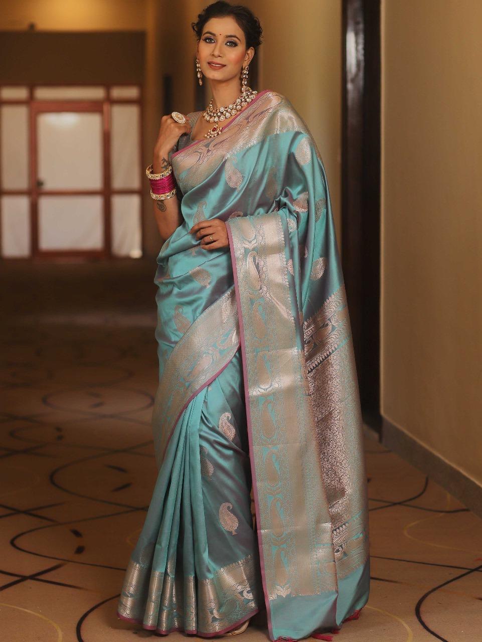 Kanjivaram Silk Saree with Gold Paisley Zari Border