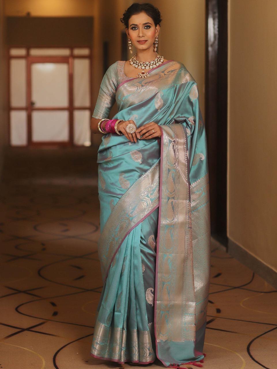 Kanjivaram Silk Saree with Gold Paisley Zari Border