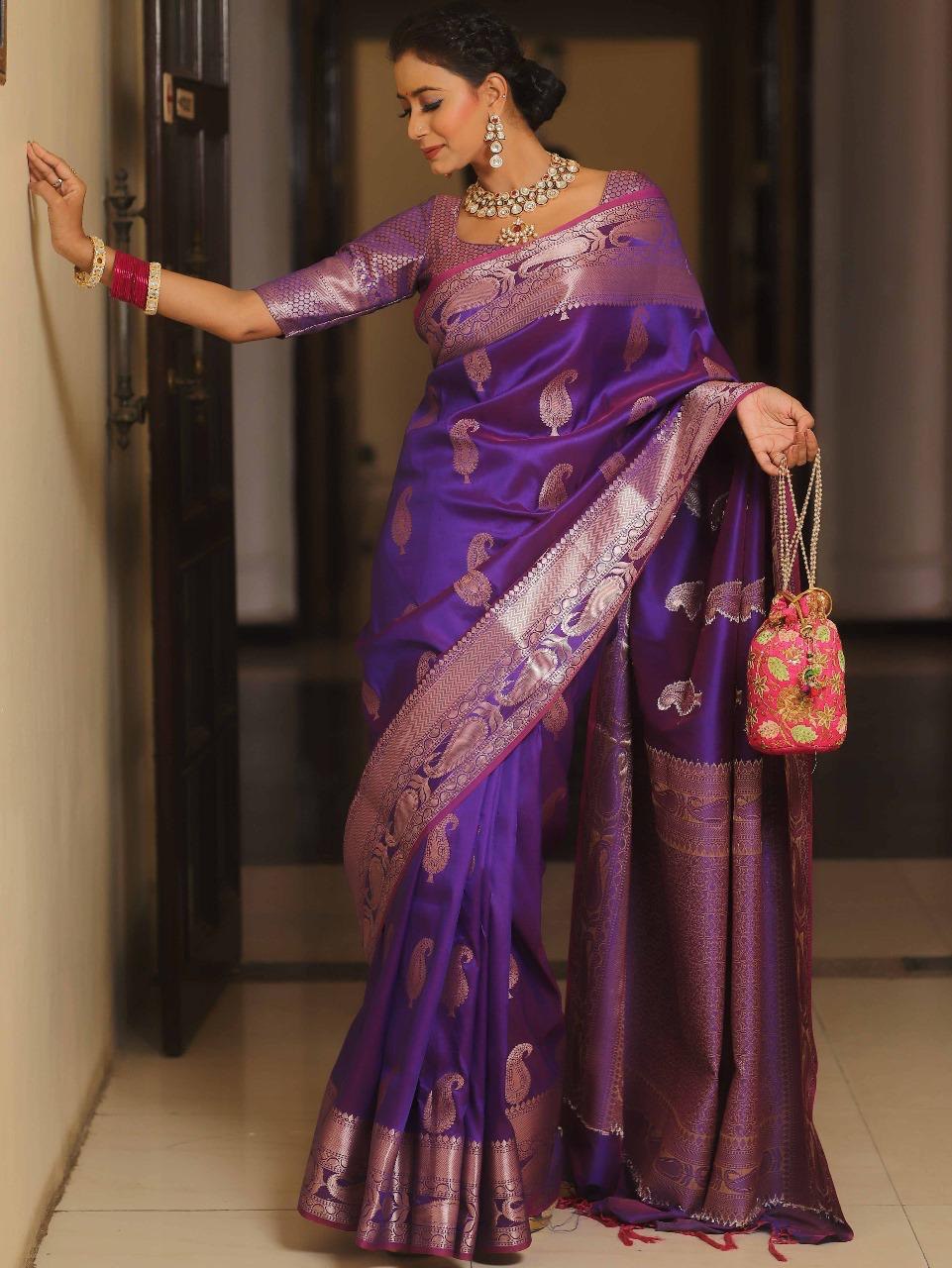 Purple Kanjivaram Silk Saree with Gold Paisley Zari Border
