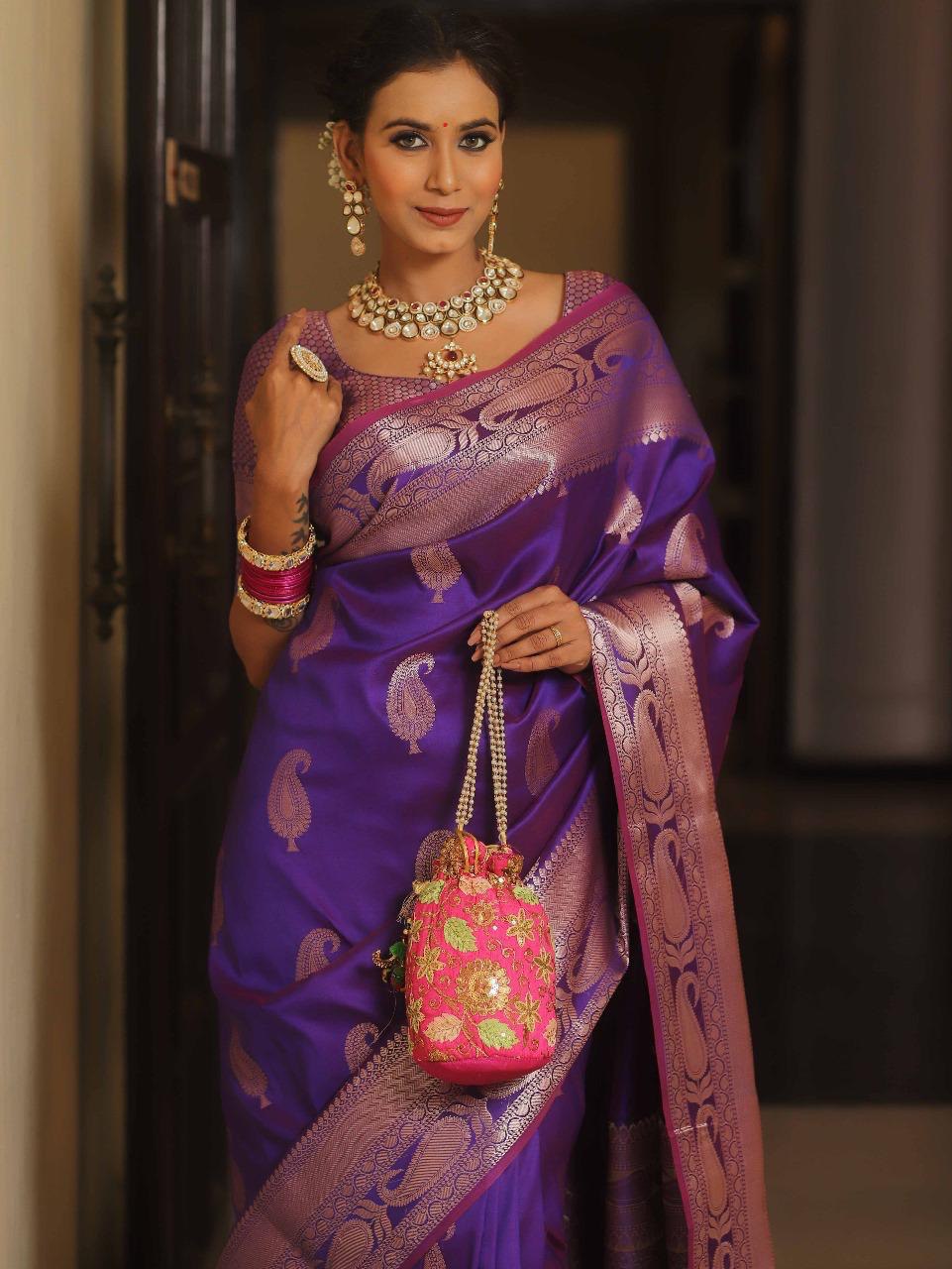 Purple Kanjivaram Silk Saree with Gold Paisley Zari Border